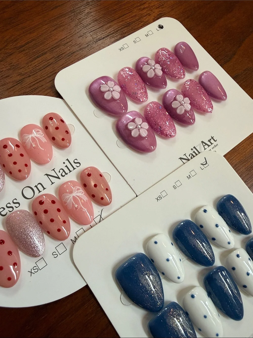 Press-On Nail Set - Pink, Purple & Blue Designs 3d short large
